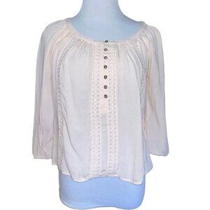 MUDD BLUSH PINK LACE DETAIL 1/2 BUTTON FRONT LIGHTWEIGHT LONG SLEEVE BLOUSE XS‎